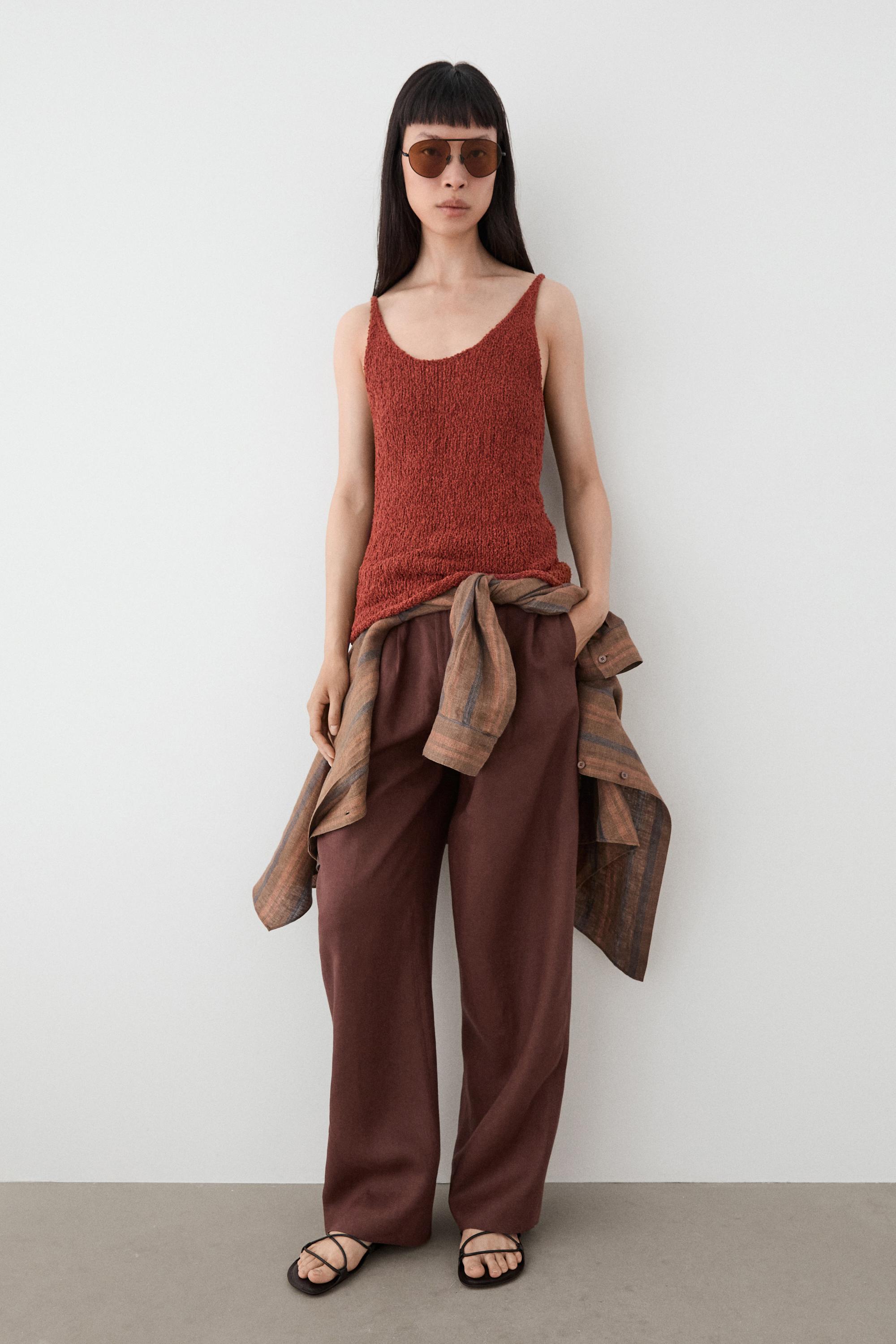 Textured cotton blend strappy top